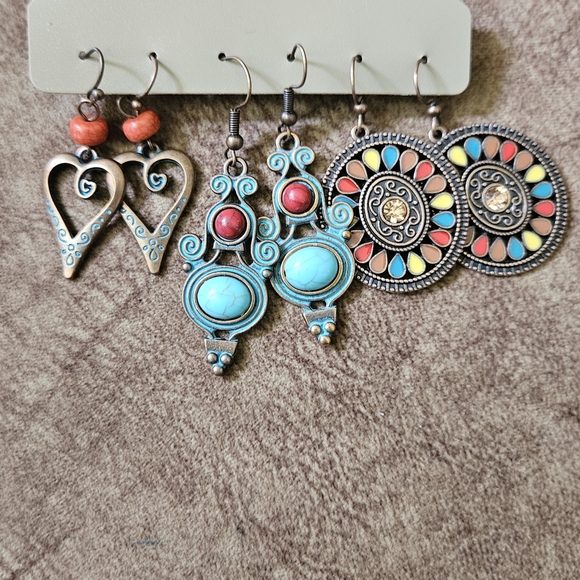 Othr Turquoise and Red Boho Earrings Trio - Picture 1 of 1
